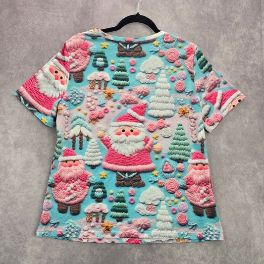 Blue Santa Candy Cane Cute Y2K Christmas Holiday Tree Artsy Tshirt Top Medium