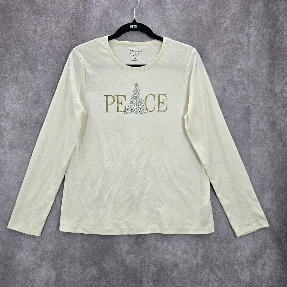 Croft & Barrow White Peace Christmas Tree Holiday Festive Top Medium