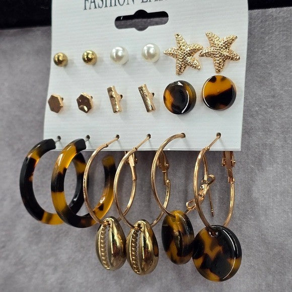 Hoop Stud Dangle Brown Gold Set of 9 Earrings Fashion Jewelry JB2-48