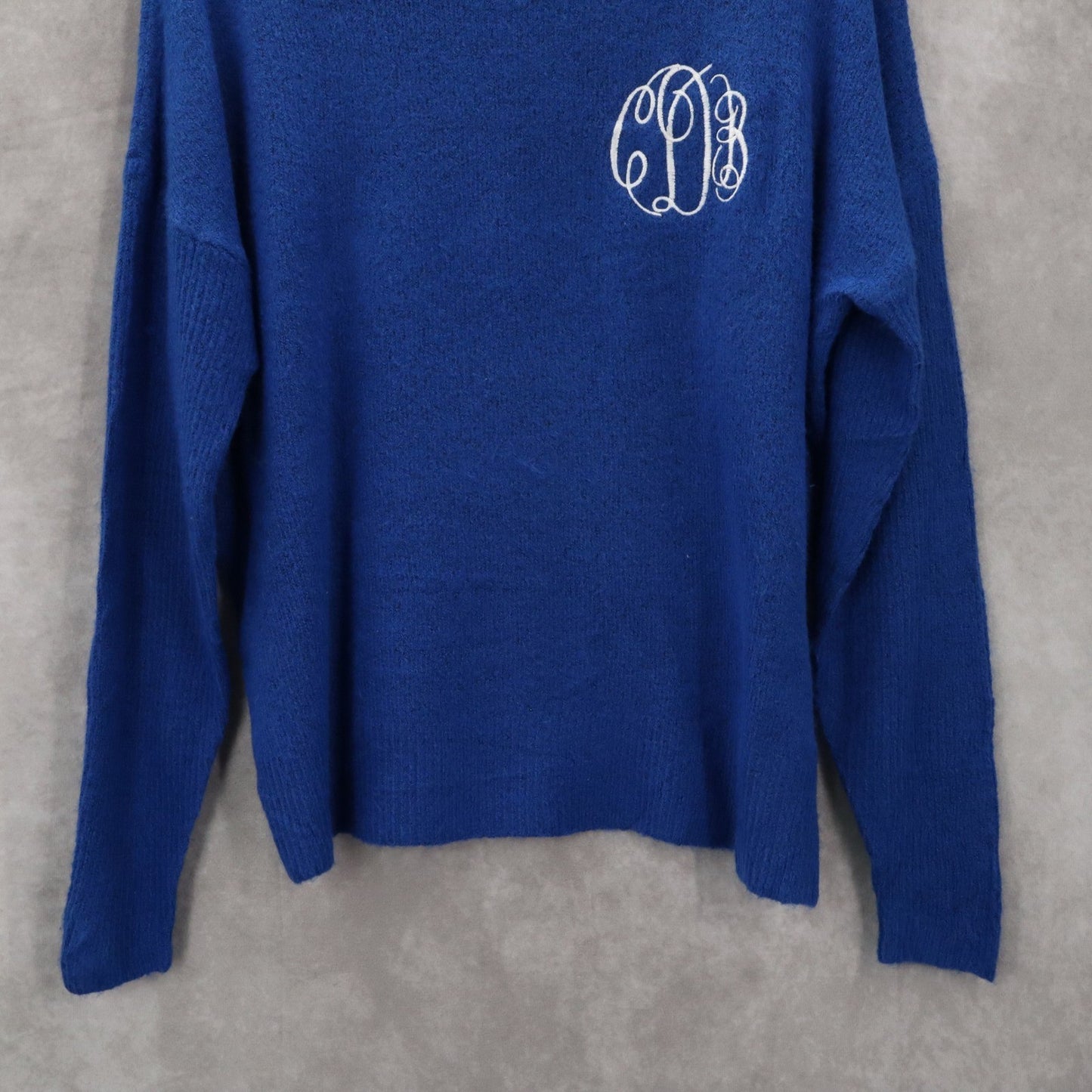 Time and Tru Blue Embroidered Initials Pullover Funnel Mock Neck Sweater Small