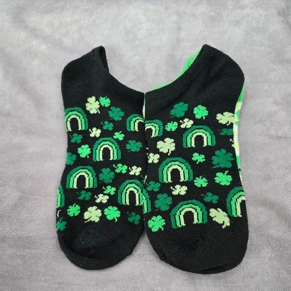 Irish Clover Rainbow Shamrock Hat Print Set Of 2 Back White Green Low Socks