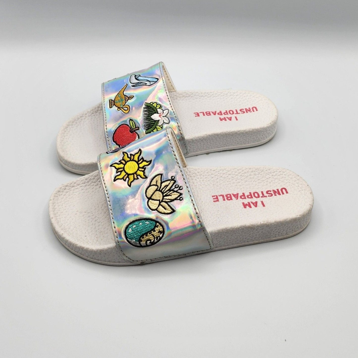 Disney Parks Holographic "I am Unstoppable" Girls Slide Sandals Size 12-13