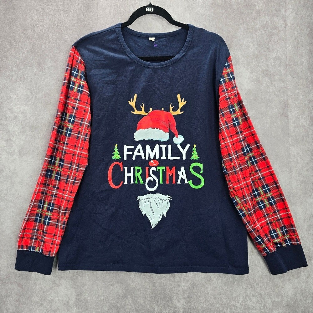 Blue Christmas Family Santa Reindeer Holiday Festive Print Plaid Top Medium