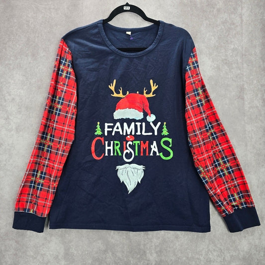 Blue Christmas Family Santa Reindeer Holiday Festive Print Plaid Top Medium
