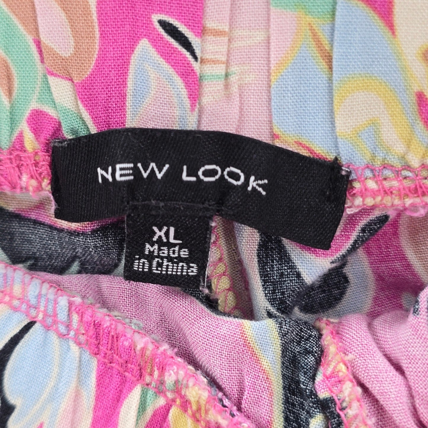 New Look Pink Floral Elastic Crop Belt Beach Boho Wide Leg Pants Trousers XL