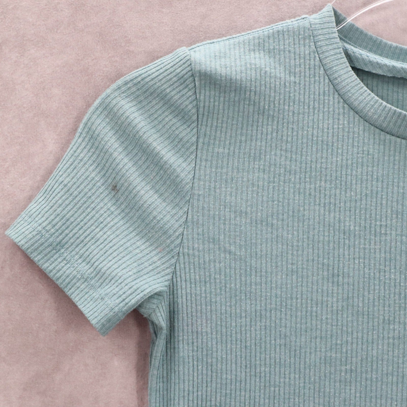 Victoria's Secret Pink Logo Blue Ribbed Short Sleeve Cropped Tshirt Top S Small