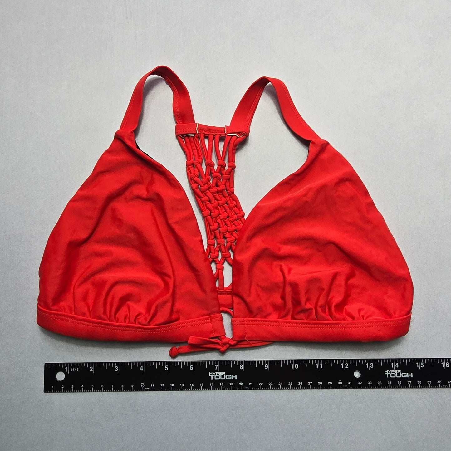 Red Crochet Tie Boho Racerback Swim Sports Bra Beach Bralette Bikini Top L Large