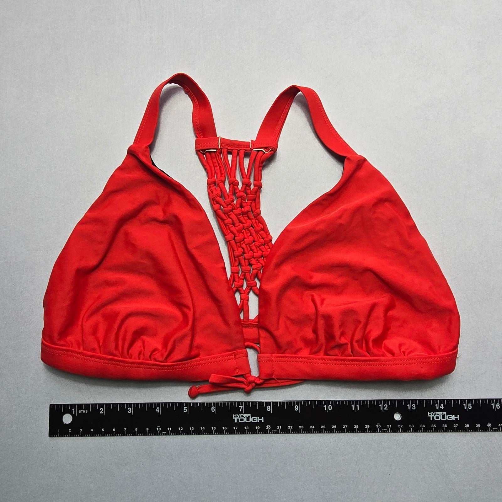 Red Crochet Tie Boho Racerback Swim Sports Bra Beach Bralette Bikini Top L Large
