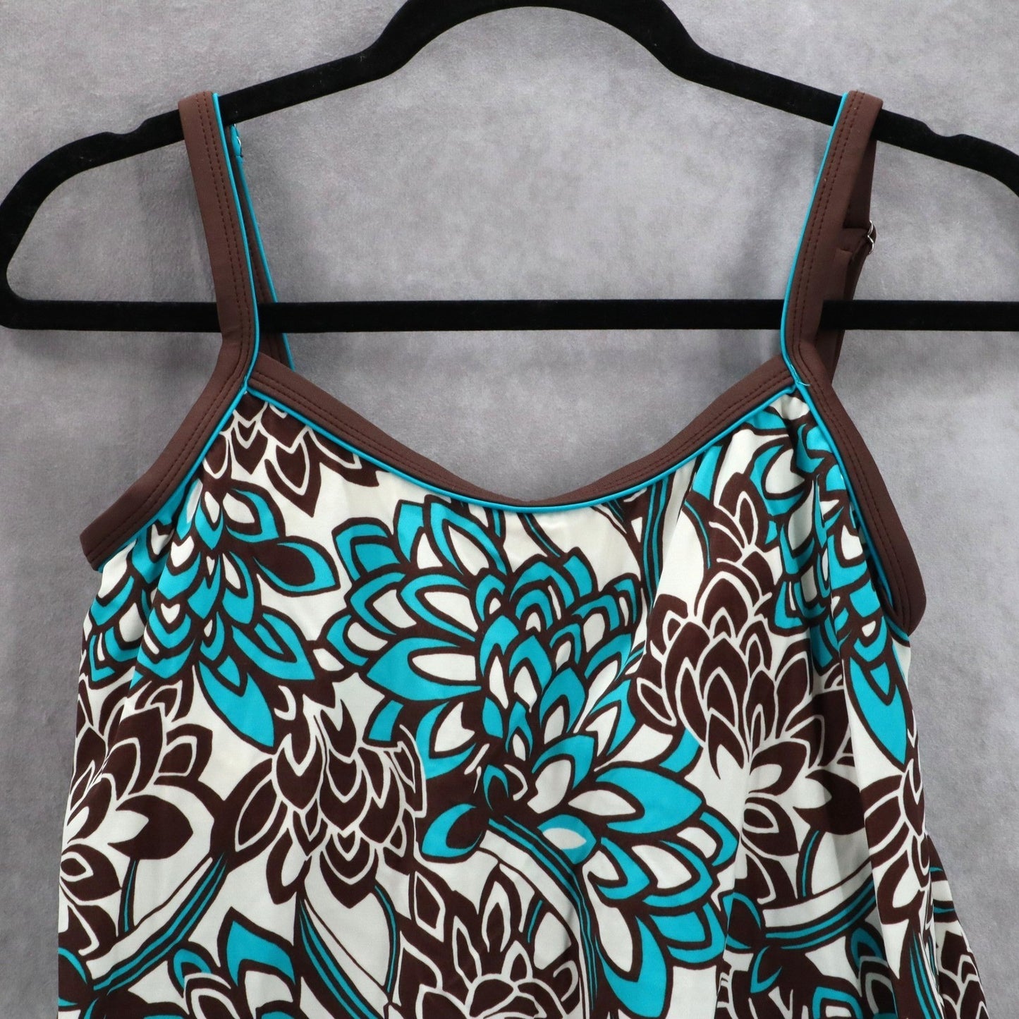 Kim Rogers Brown Blue Floral Swim Tropical Beach Boho Tankini Top S Small