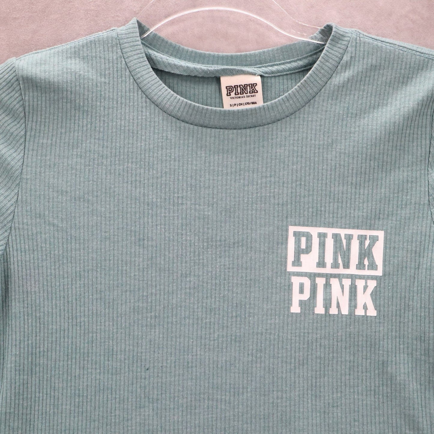 Victoria's Secret Pink Logo Blue Ribbed Short Sleeve Cropped Tshirt Top S Small