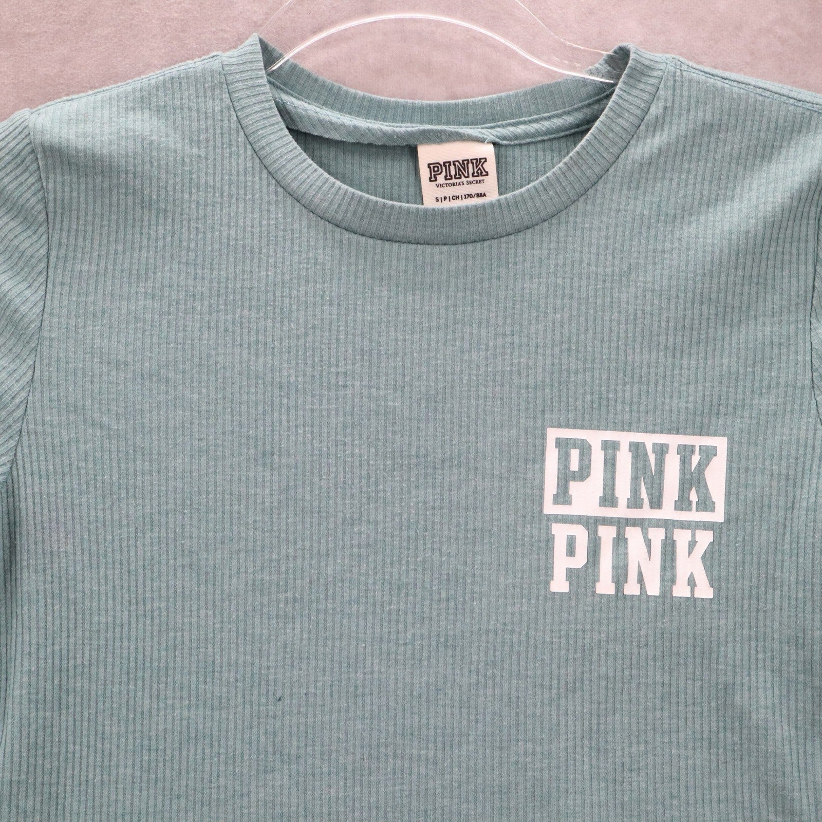 Victoria's Secret Pink Logo Blue Ribbed Short Sleeve Cropped Tshirt Top S Small