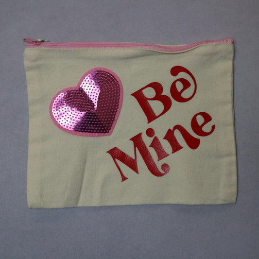 Be Mine Pink Sequin Heart Patch Pink Zipper Canvas Pouch Handmade Makeup Bag