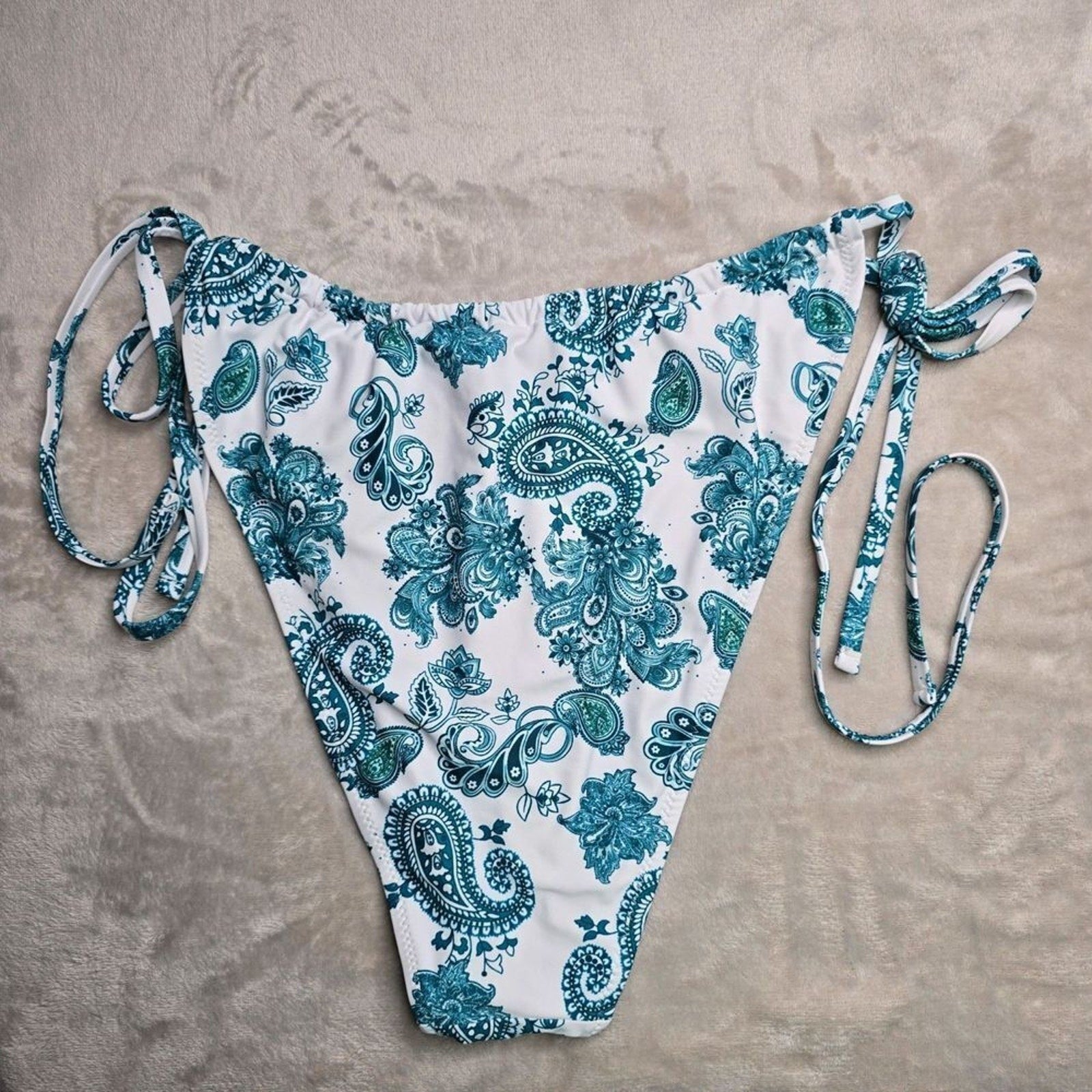 White Blue Paisley Floral Print String Tie Bikini Swimsuit Swimwear 2XL