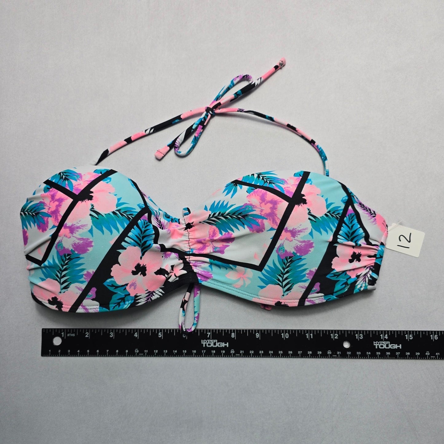 No Boundaries Pink Floral Padded Halter Tie Swim Bra Beach Bikini Top L Large