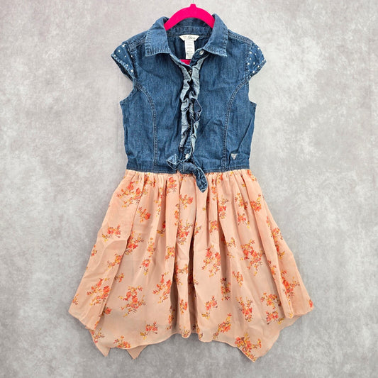 Guess Blue Orange Floral Asymmetrical Button Jeans Gem Tie Girls Toddler Dress 7
