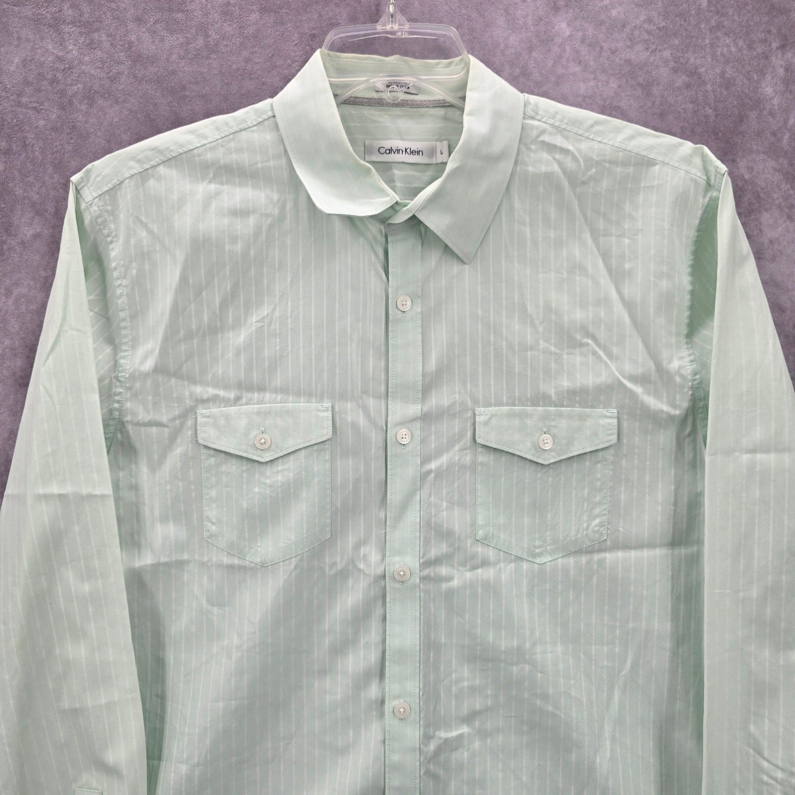 Calvin Klein Mens Green Button Down Long Sleeve Stripe Cotton Dress Shirt Large