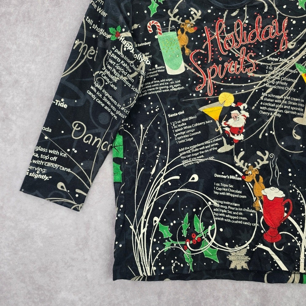 Cactus Bay Black Christmas Holiday Festival Y2K VTG Artsy Print Top Medium