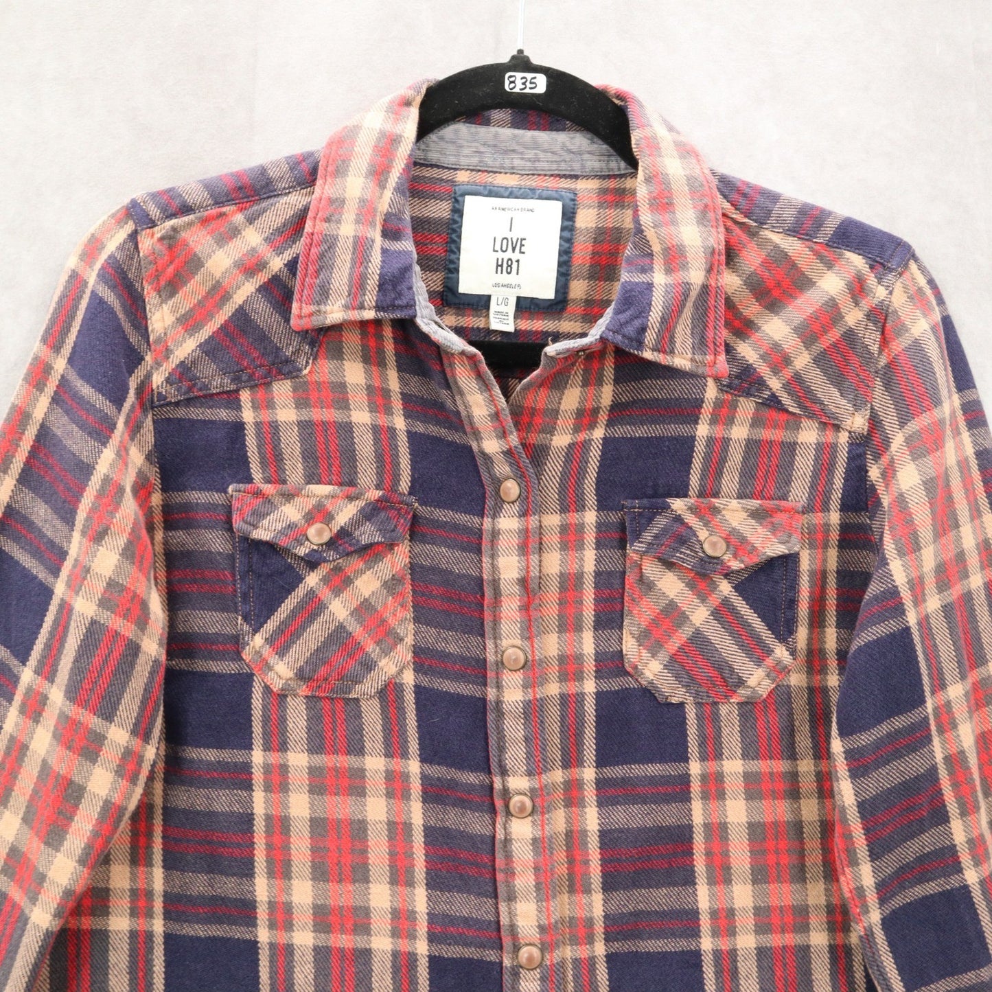 I Love H81 Blue Flannel Plaid Button Up Cotton Patch Western Patch Cowgirl Large