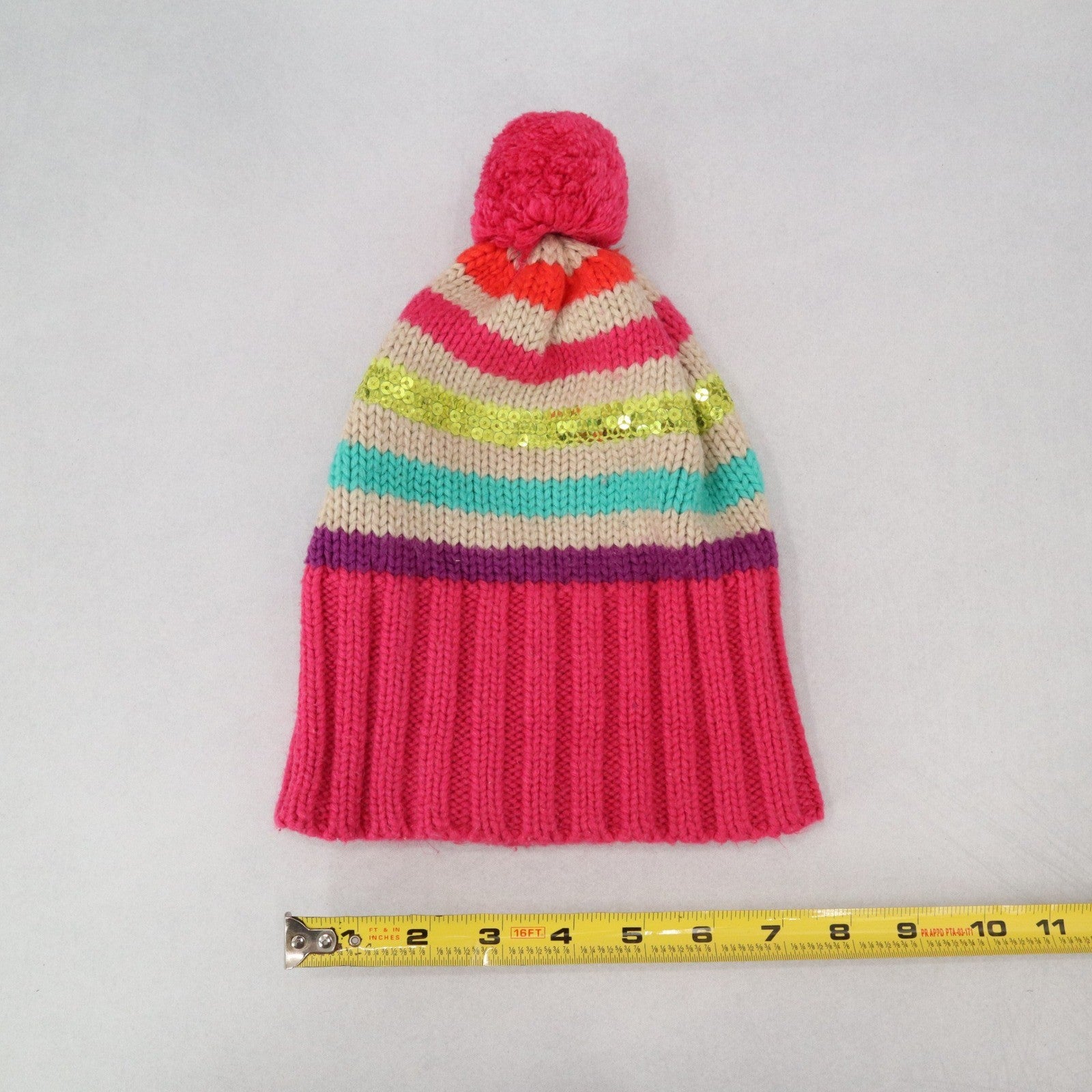 Gymboree Pink Cable Knit Sequin Stripe Y2K Girls Toddler Pom Pom Beanie Cap Hat