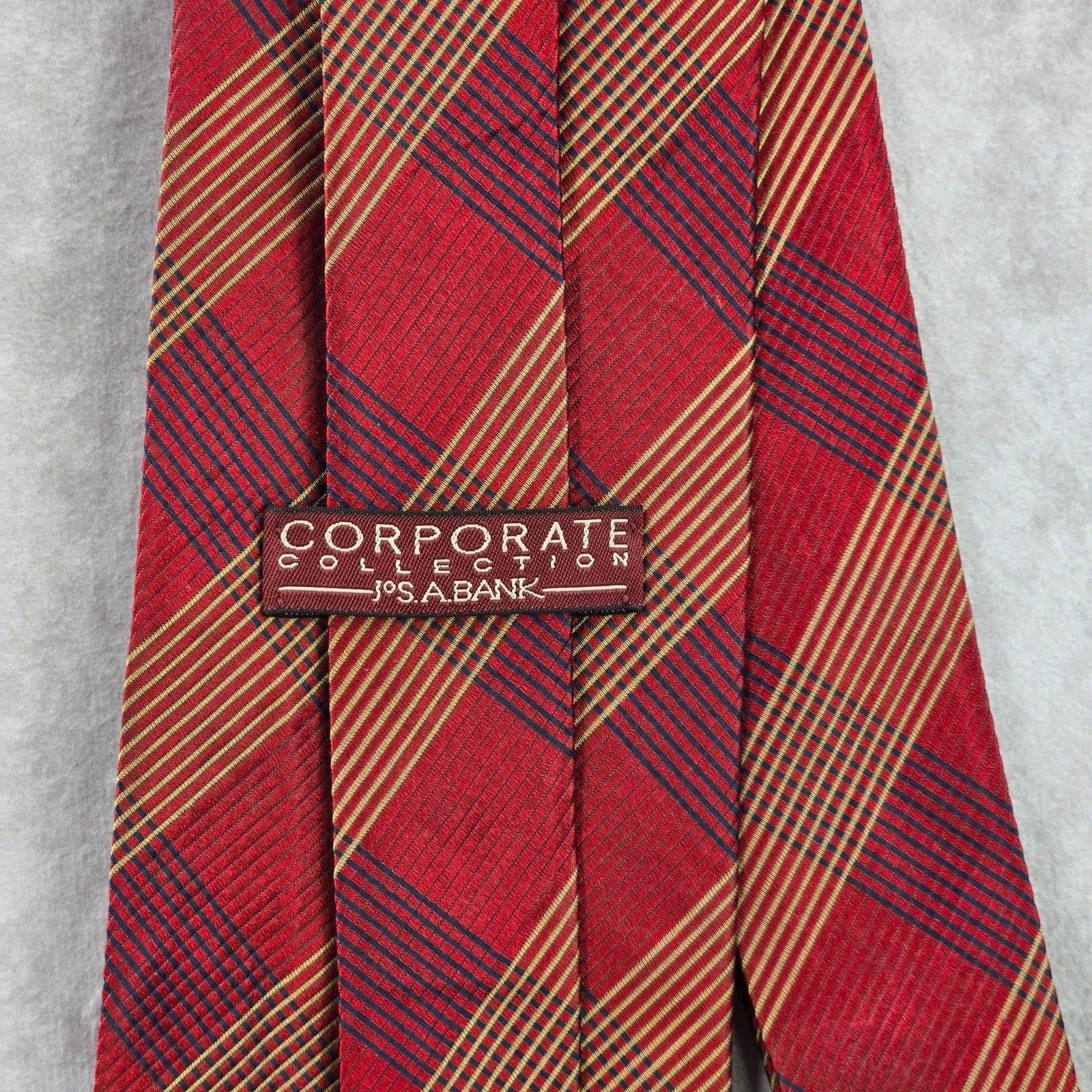 Jos. A. Bank Corporate Red Gold Plaid Tartan 100% Silk Men's Neck Tie Executive