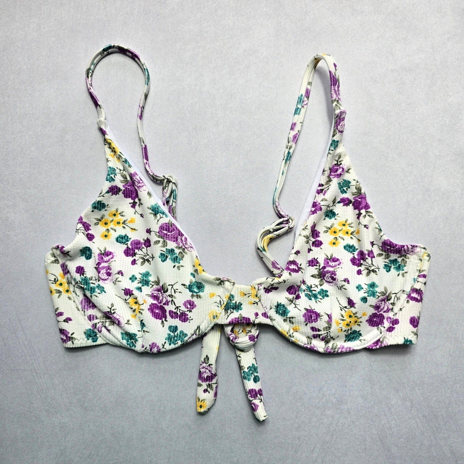 White Floral Ribbed Wired Tie Swim Sports Bra Beach Bralette Bikini Top L Large