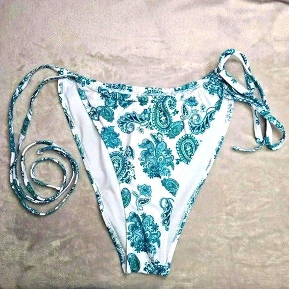 White Blue Paisley Floral Print String Tie Bikini Swimsuit Swimwear 2XL