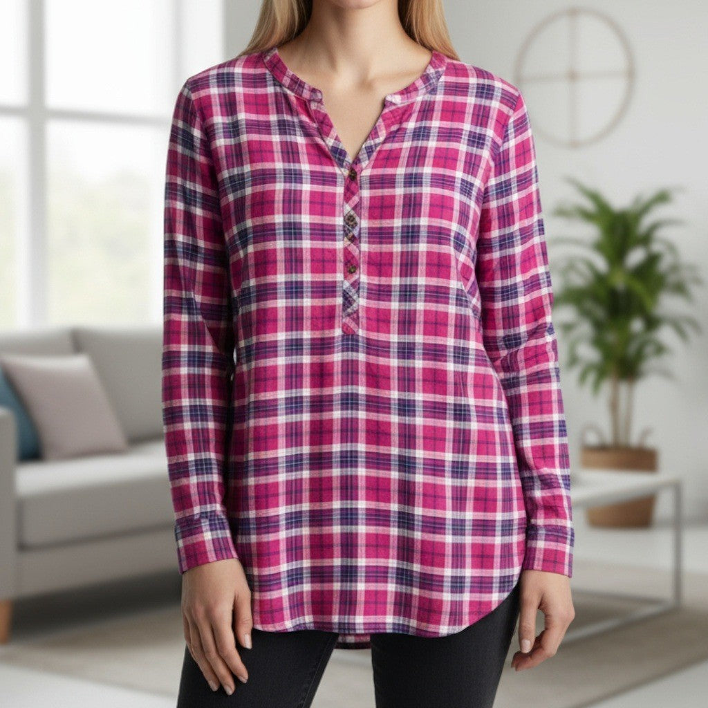Lands' End Plaid Tunic Shirt Pink Casual Flannel Preppy Long Sleeve Plus 18W