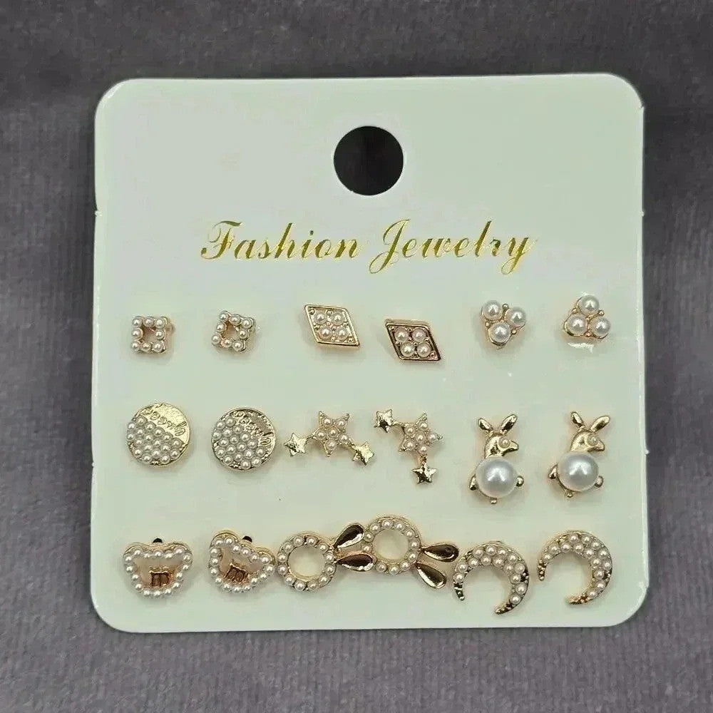 Gold Pearl Stud Hook Dangle Moon Heart Bunny Fashion Jewelry Earrings JB2-49