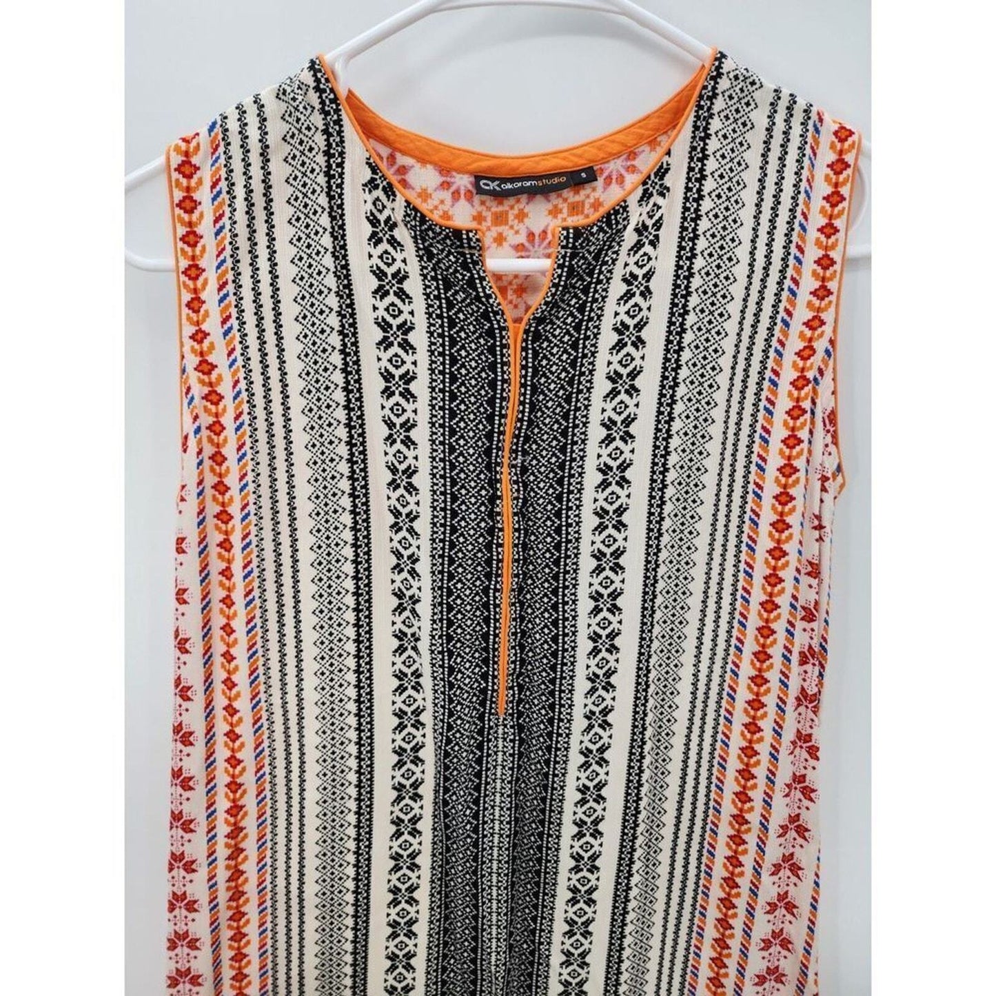 Tunic Top Sleeveless Orange Black Shirt Blouse Size S