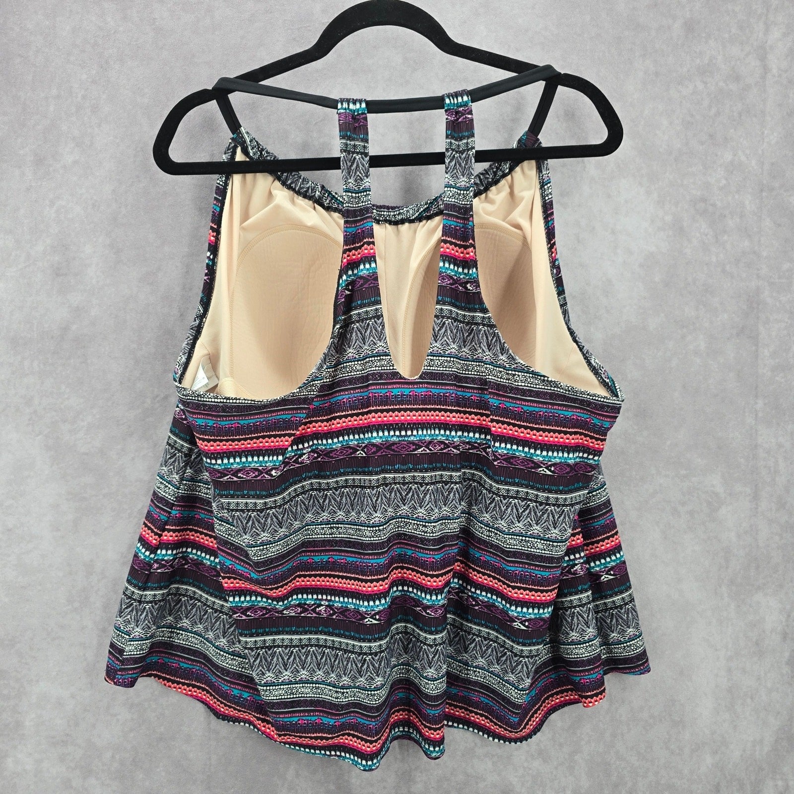 Kona Sol Black Multi Color Print Padded Swimwear Tankini Tank Top Plus 24W 2X