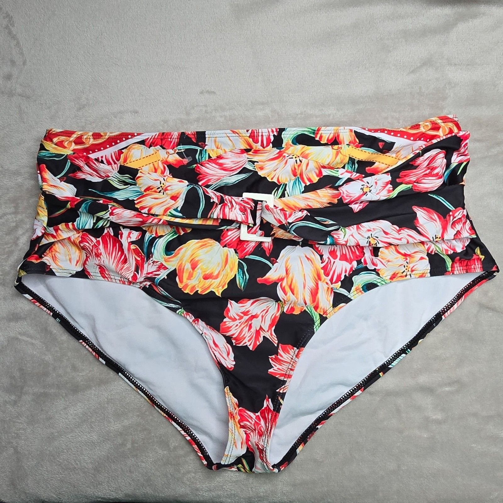 Shein Black Floral High Waist Belt Buckle Swimsuit Swimwear Bikini Bottom 2XL