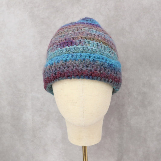 Blue Multi Color Cable Knit Stripe Y2K Vintage Beanie Cap Hat OS