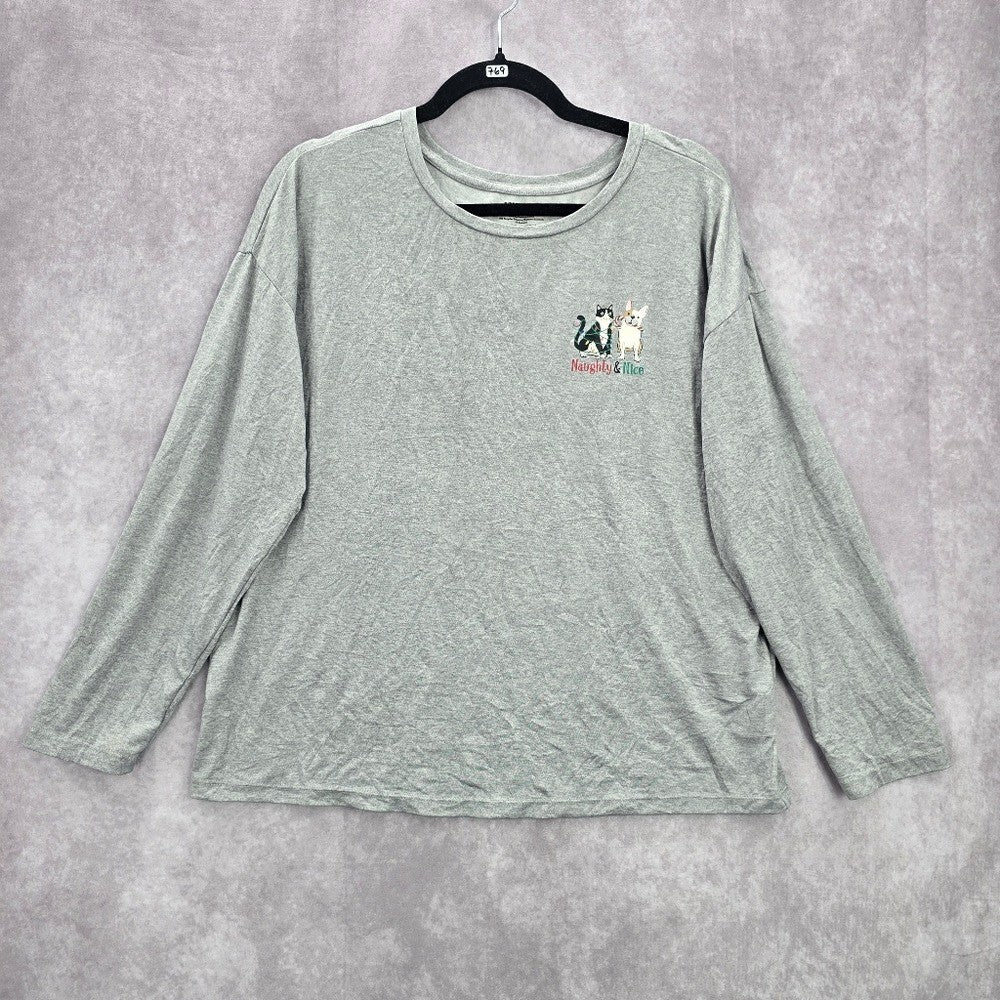 Gray Christmas Dog Cat Holiday Festival Relaxed Naughty Nice Print Top Medium