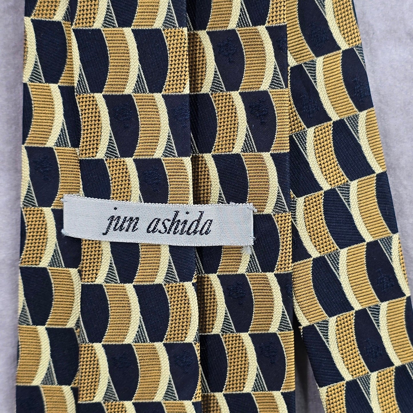 Jun Ashida Gold Blue Geometric Executive Floral Wave 100% Silk Neck Tie