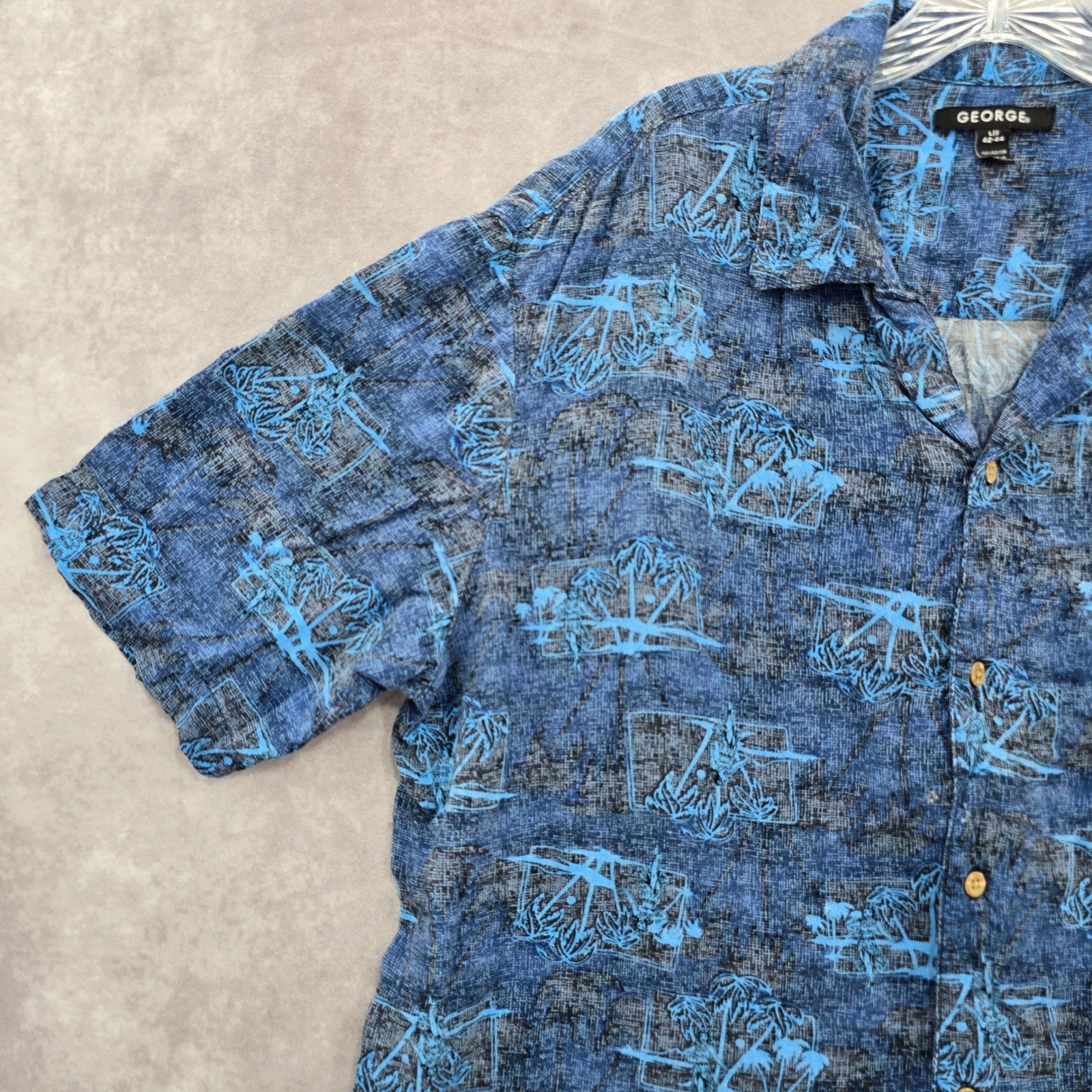 George Blue Beach Palm Tropical Surf Island Relaxed Hawaiian Shirt Large