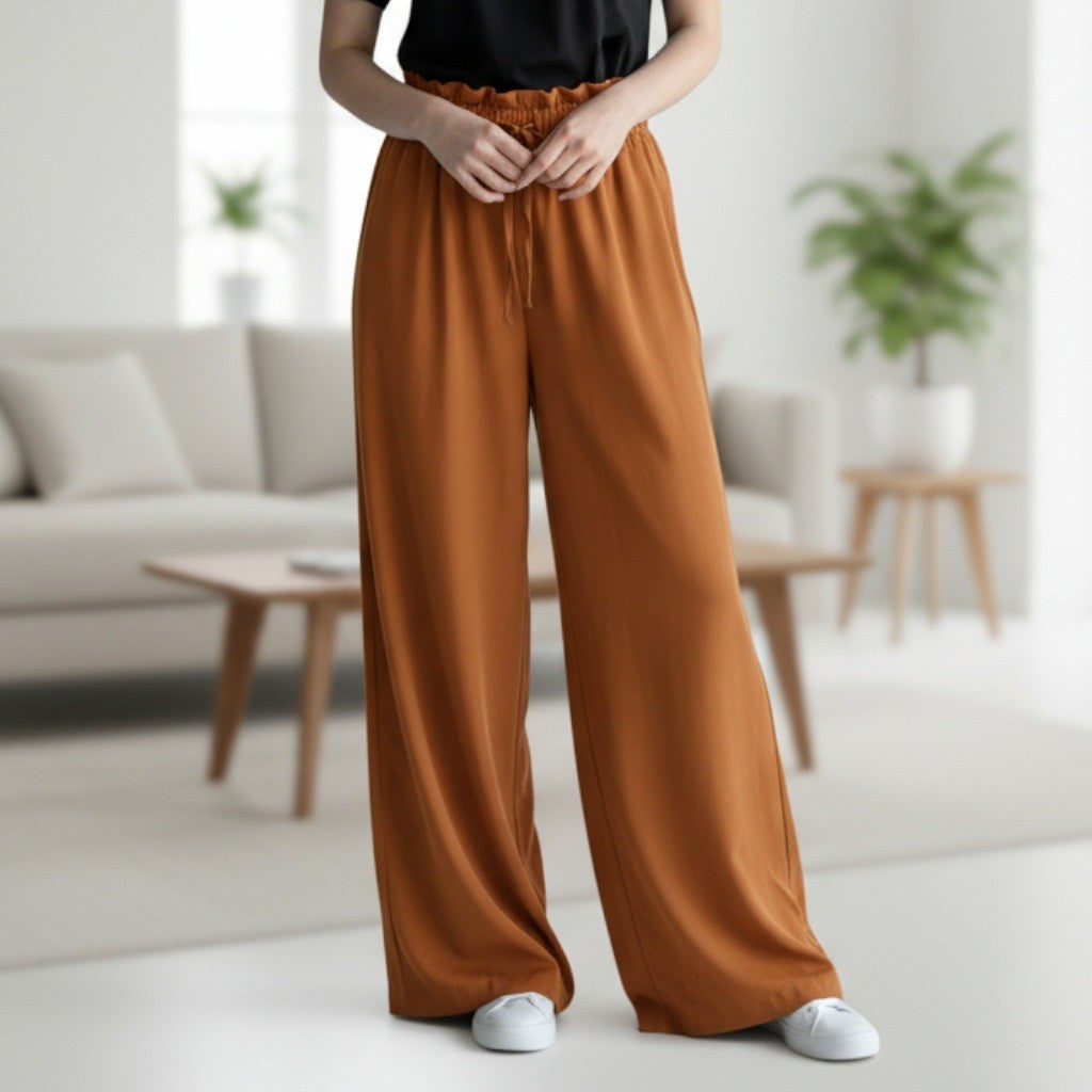 Yellow Ruffle Pull On Wide Leg Straight Belt Boho Comfy Trouser Pants Plus 3XL