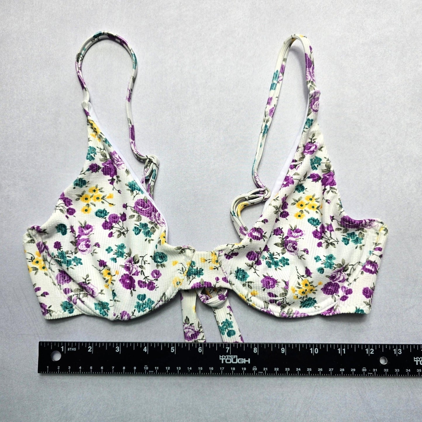 White Floral Ribbed Wired Tie Swim Sports Bra Beach Bralette Bikini Top L Large