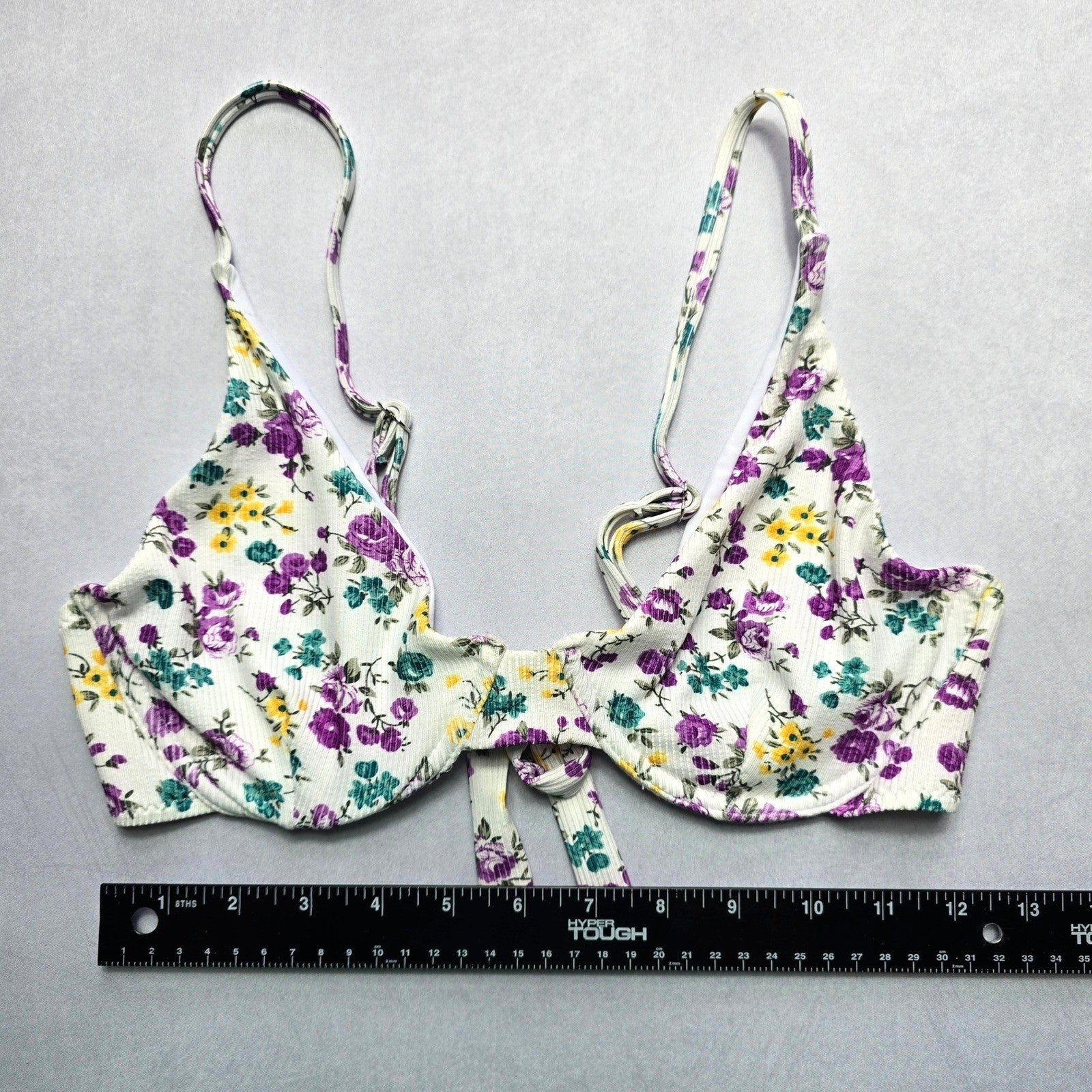 White Floral Ribbed Wired Tie Swim Sports Bra Beach Bralette Bikini Top L Large