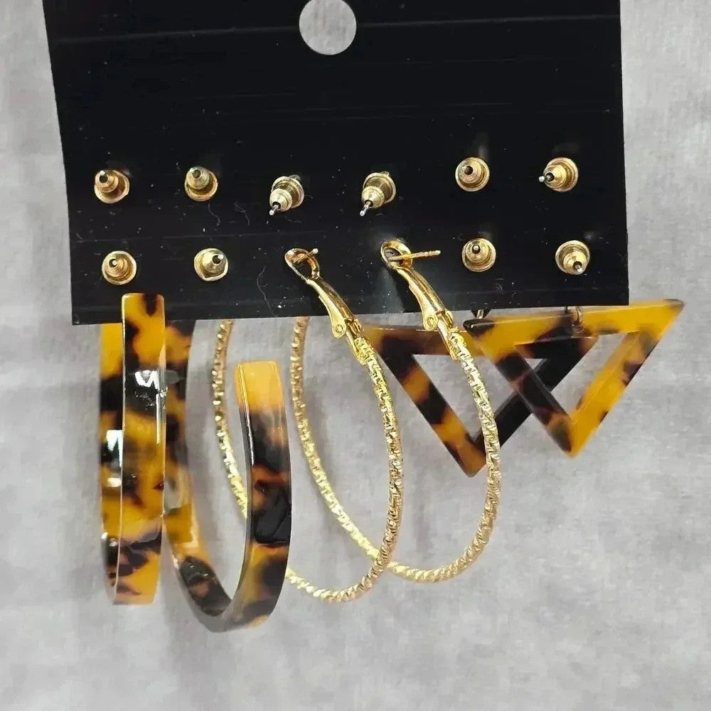 Brown Black Hoop Stud Dangle Earrings Set of Six Bundle Fashion Jewelry Earrings