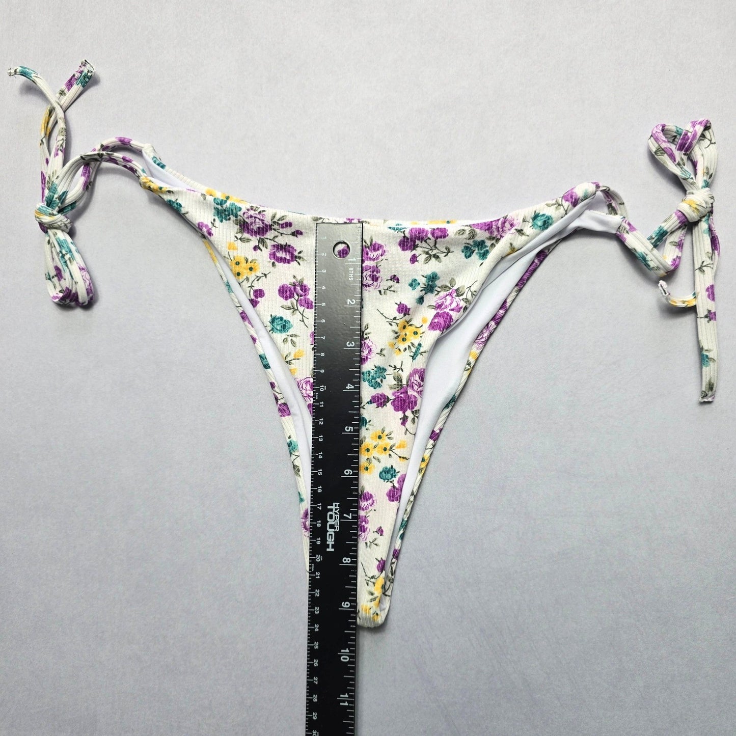 White Flower Ribbed Thong Tie Swim Beach Flirty Boho Bikini Bottom L Large