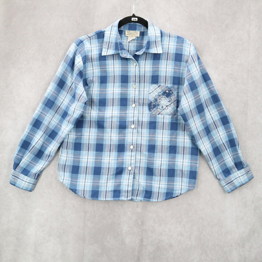 Teddi Blue Plaid Flannel Western Long Sleeve Button Up VTG College Petite Small