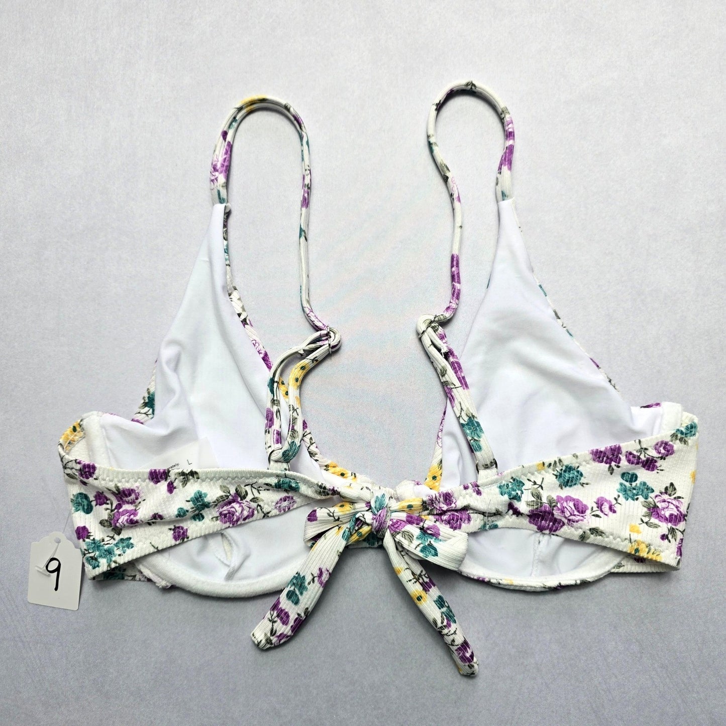 White Floral Ribbed Wired Tie Swim Sports Bra Beach Bralette Bikini Top L Large