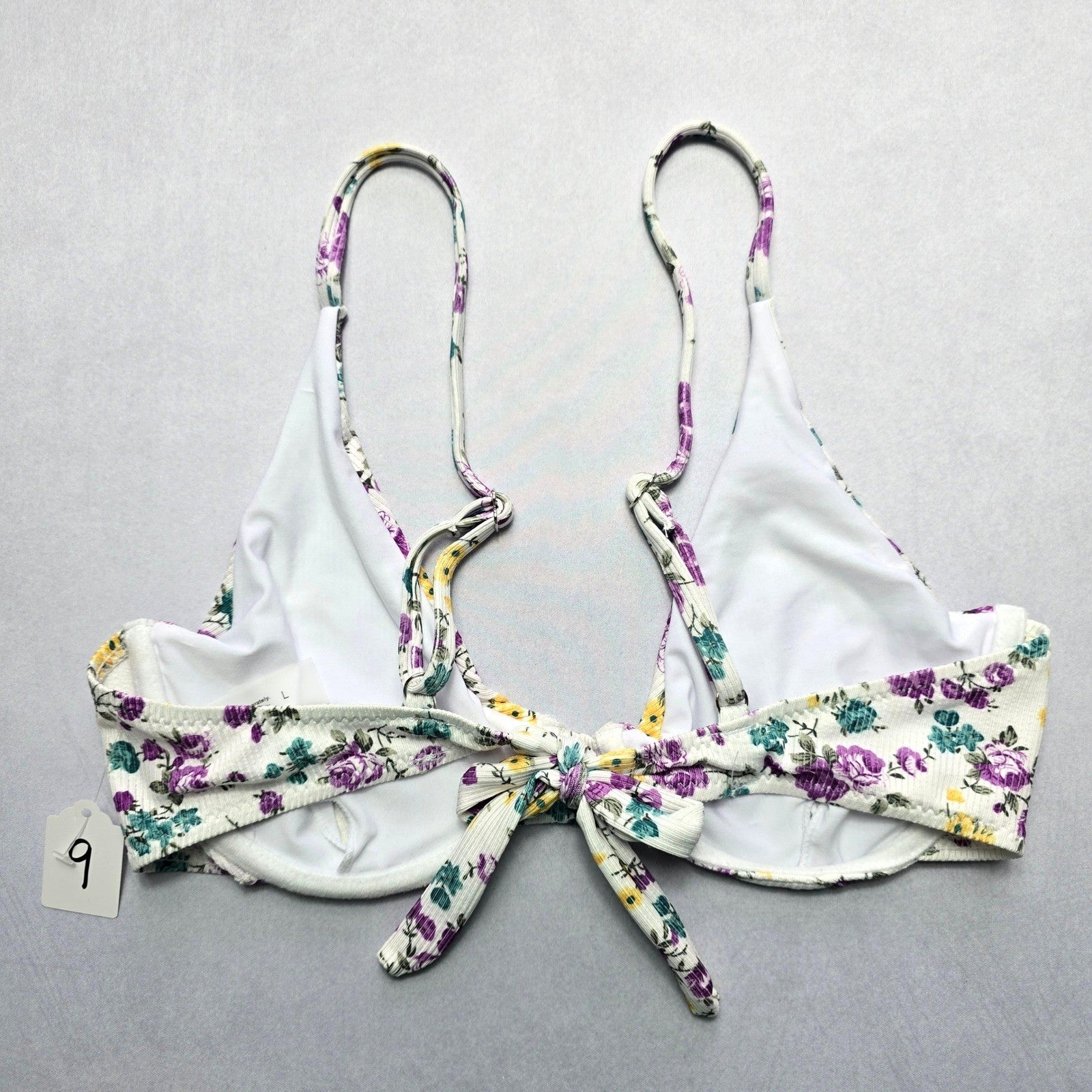 White Floral Ribbed Wired Tie Swim Sports Bra Beach Bralette Bikini Top L Large