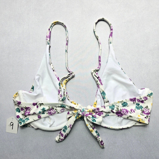 White Floral Ribbed Wired Tie Swim Sports Bra Beach Bralette Bikini Top L Large