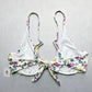 White Floral Ribbed Wired Tie Swim Sports Bra Beach Bralette Bikini Top L Large