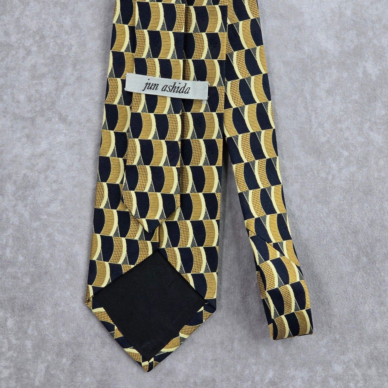 Jun Ashida Gold Blue Geometric Executive Floral Wave 100% Silk Neck Tie