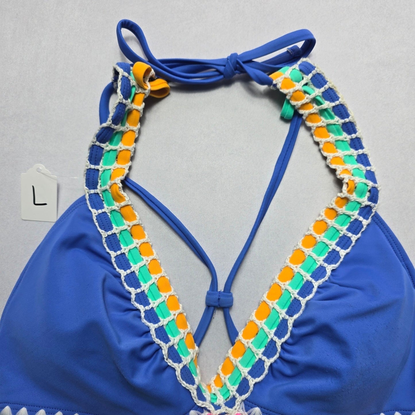 Xhilaration Blue Crochet Padded Crisscross Tie Swim Bra Beach Bikini Top L Large