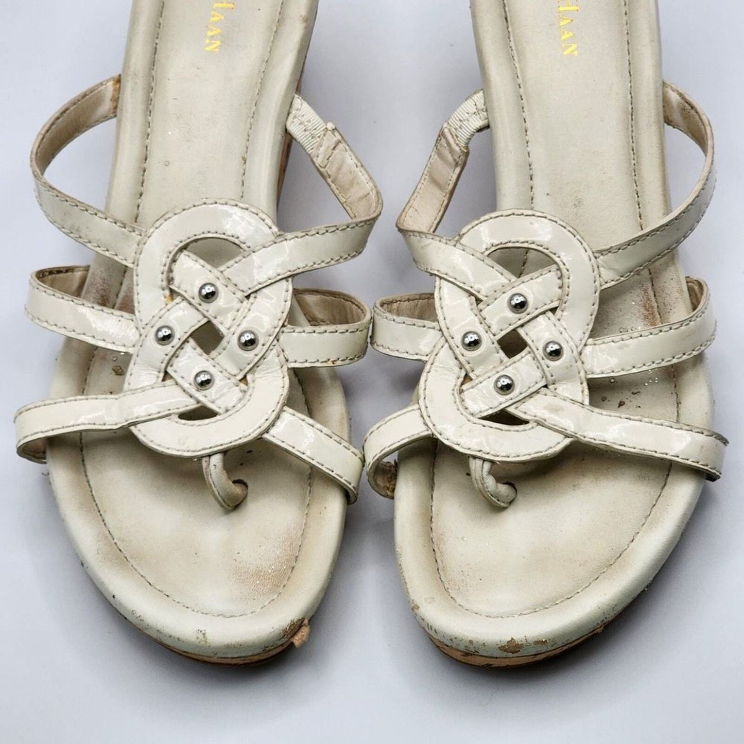Cole Haan White Heels open Toe Slide Cork Leather Sandals Size 7.5B