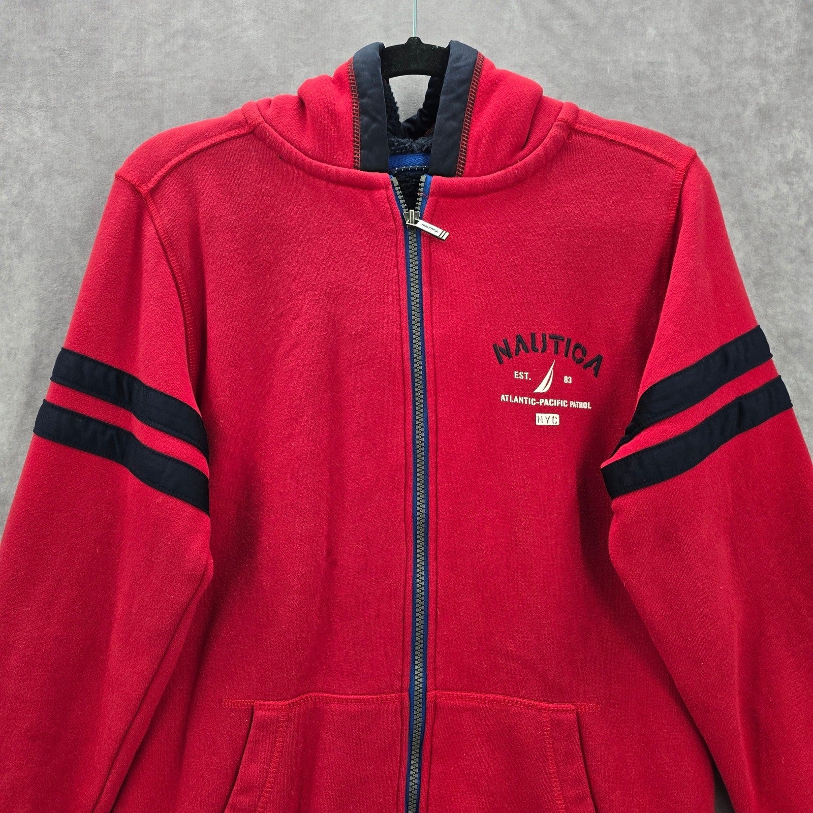 Nautica Red Zip Long Sleeve Fleece Sherpa Sweater Hoodie Boys Youth XL 18 20
