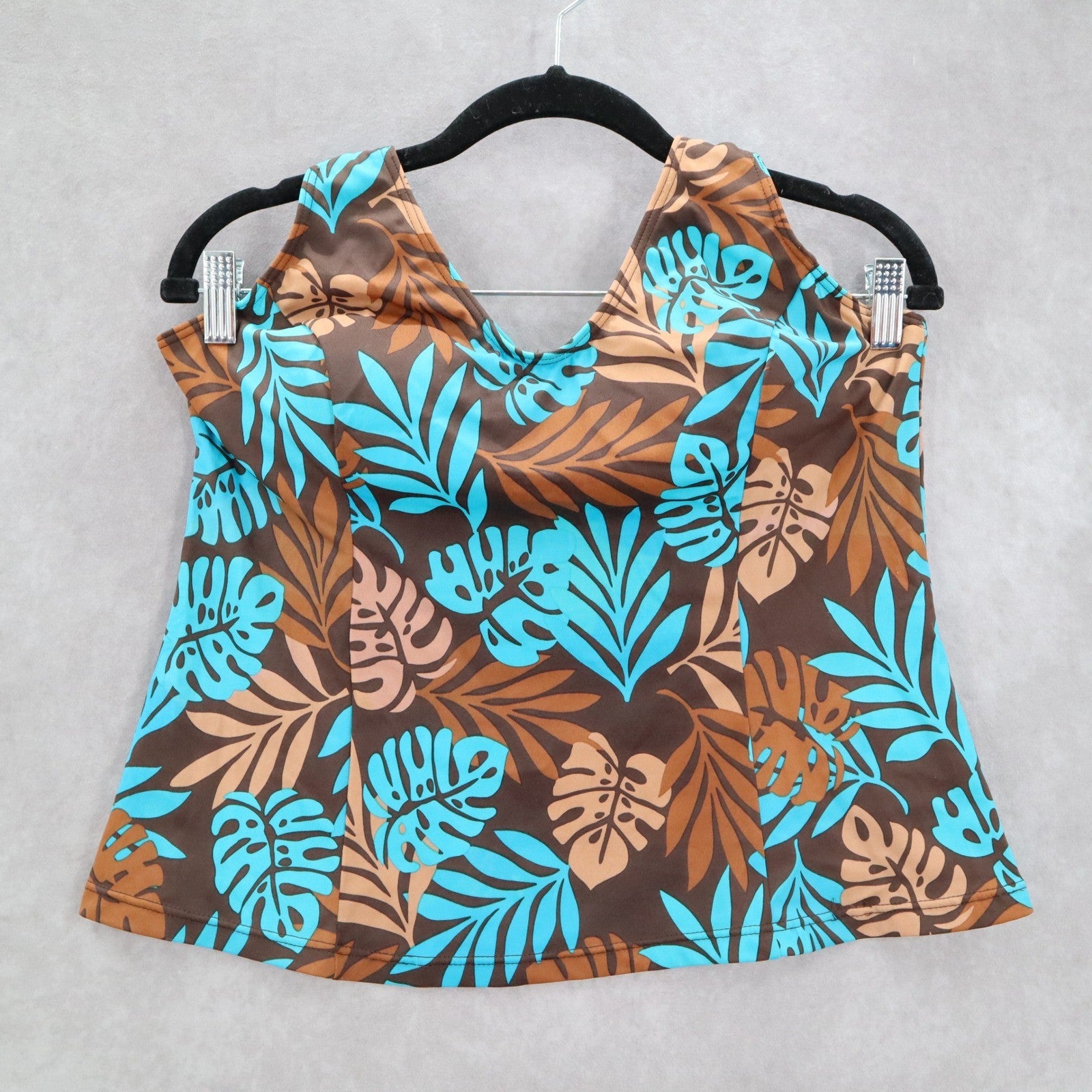 Brown Blue Tropical Leaf Halter Tie Padded Swim Beach Tankini Top L Large